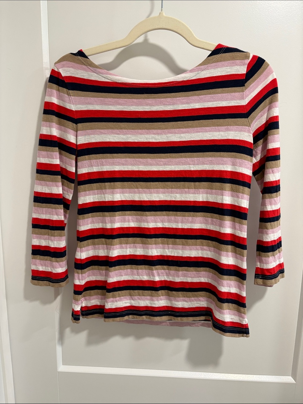 J. Crew Striped Boatneck Long Sleeve Top in Pink, Red, Navy & Tan